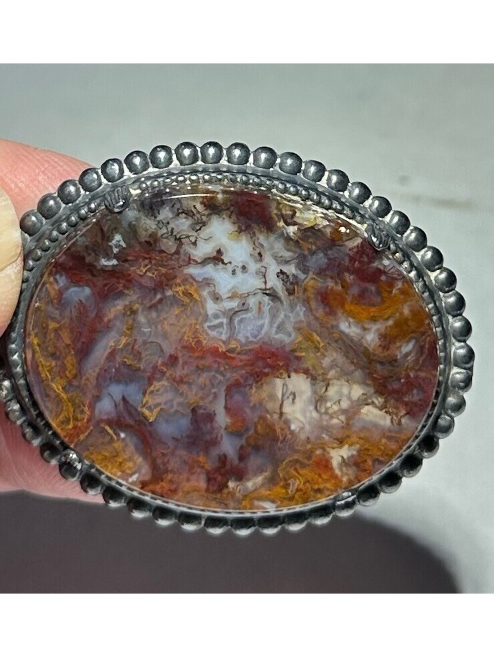 Vintage Silver Jasper Brooch Oval Tarnished 2”